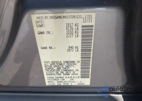 2016 Nissan Altima 2.5 Sr from USA, damaged, VIN 1N4AL3AP8GC144418